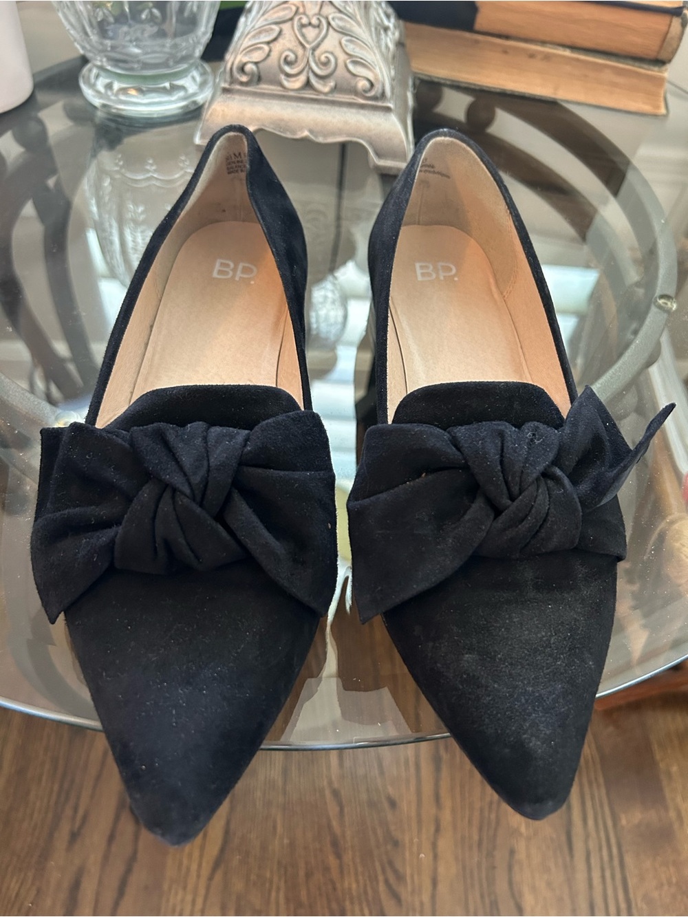 bp Black Suede Pointed-Toe Flats with Knotted Bow